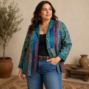 Natural Silk Wool Patchwork Paisley Jacket Womens Large Boho Embroidered India